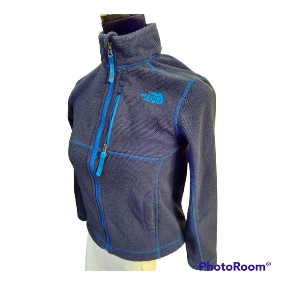 Boys North Face zip up fleece navy blue w/teal trim and logo - Picture 7 of 9